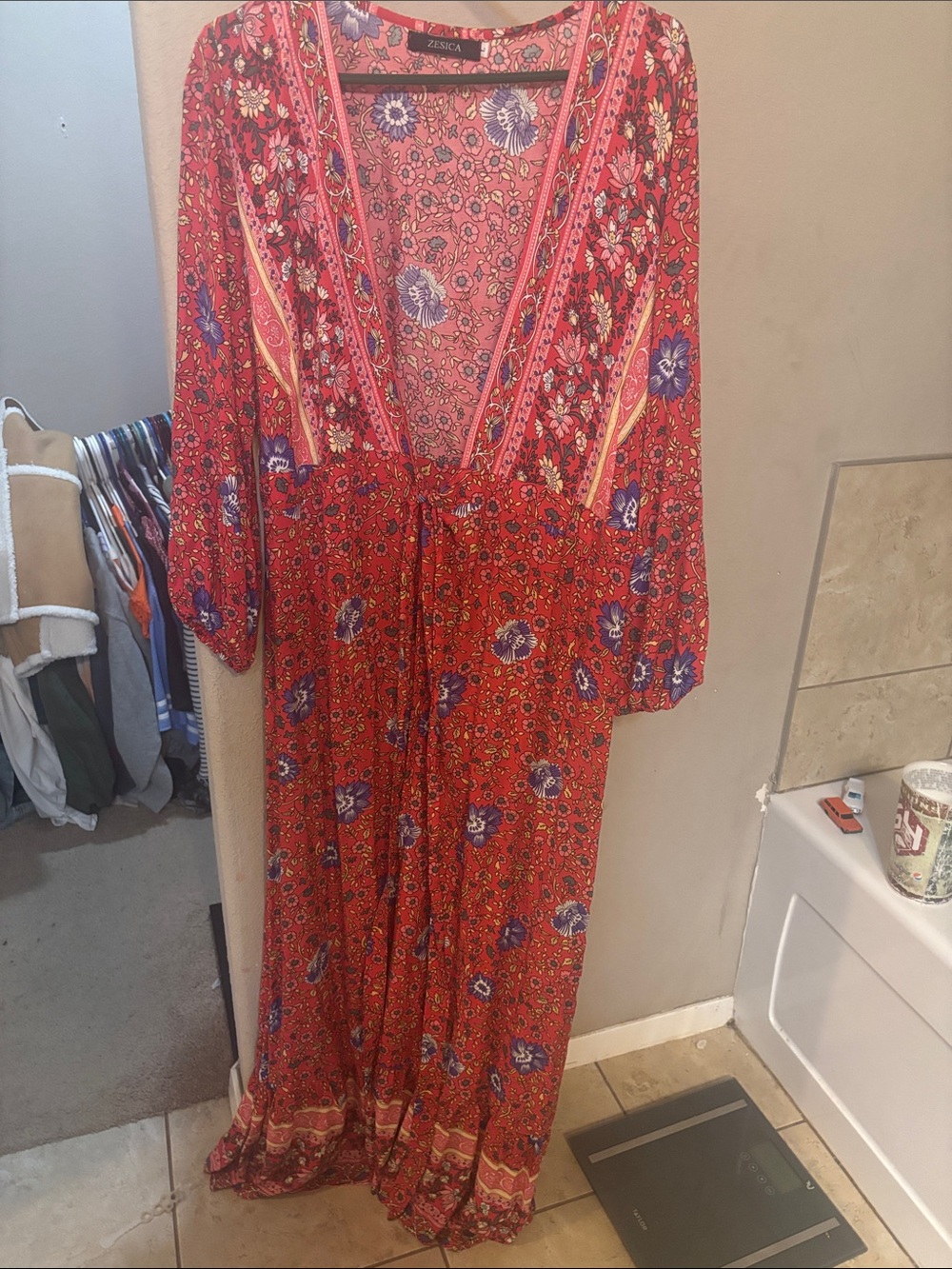 Zesica Red Floral Boho V‑Neck Maxi Dress